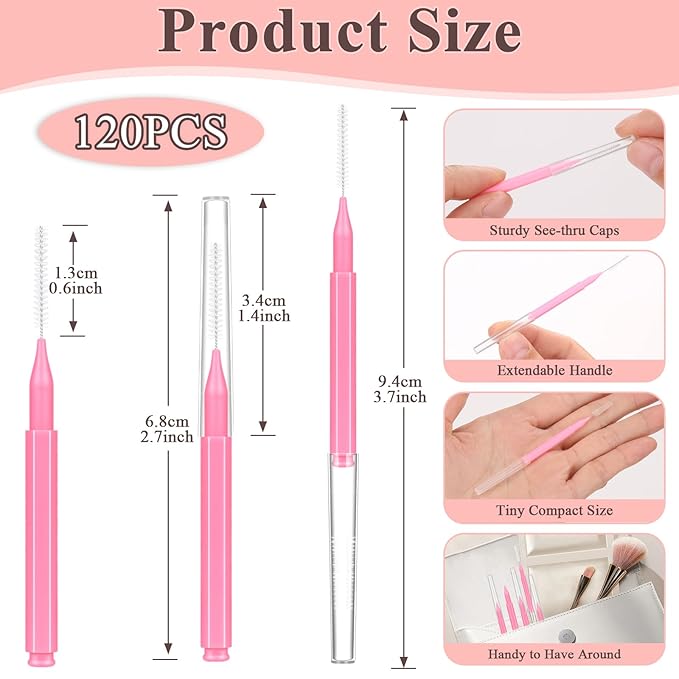 120 Pcs Micro EyeBrow Lash Brush with Cap - Professional Beauty Mini Spoolies for Makeup, Thuya Brow Lamination and Travel - Perfect for Makeup Artists, Beauty Lovers, and Gifting (Pink)