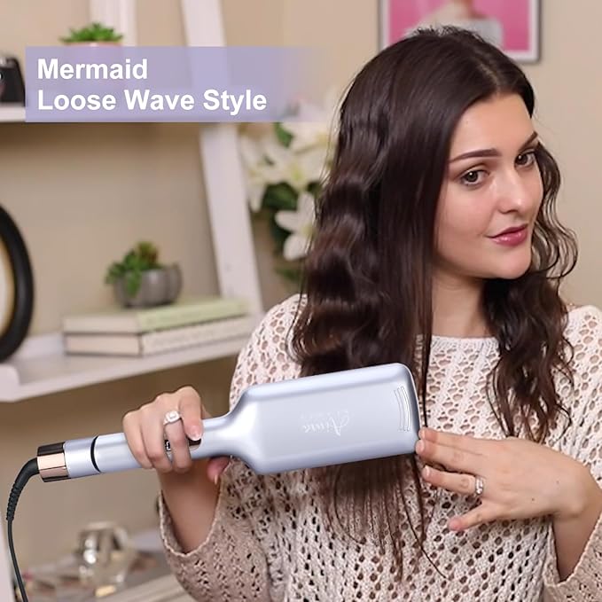 32mm Aima Beauty 2 Barrel Curling Wand Big Wave Mermaid Hair Waver, Anti-Scald Curling Iron, Negative Ionic Emitter Lock Moisture Worldwide Dual Voltage Medium/Long Hair (Purple)