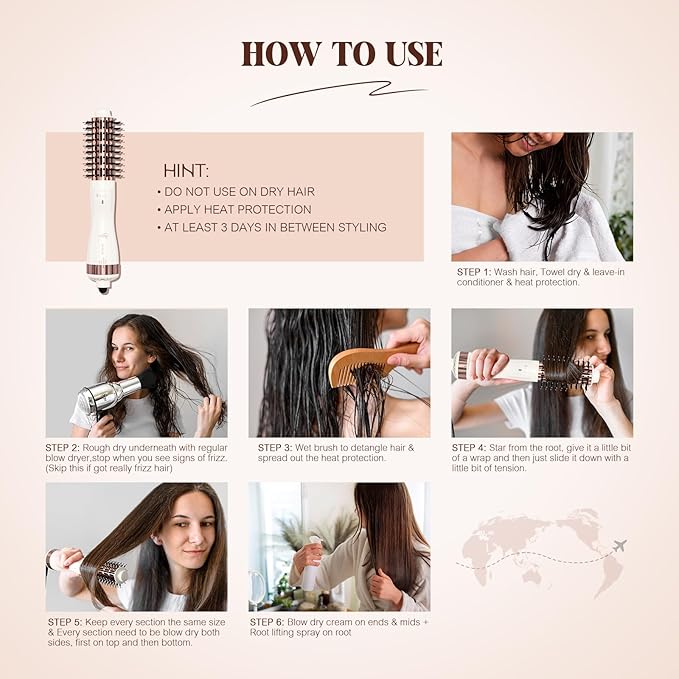 1.5 Inch Barrel (2.8’’ Plus Bristles) Dual Voltage(110~250V) Round Brush Blow Dryer, Hair Dryer Brush with European Plug Adapter, 4-in-1 Negative Ionic One Step Volumizer Dryer