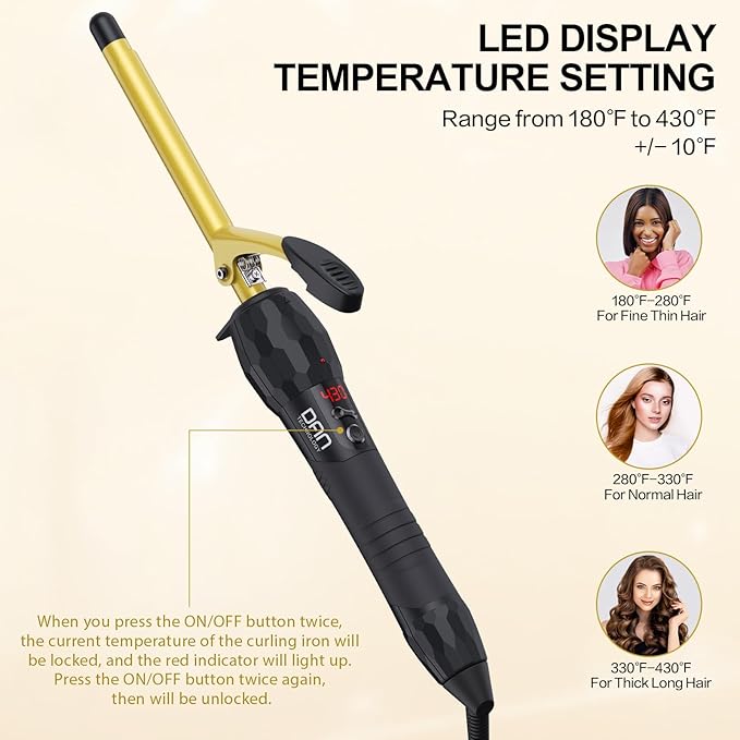 DAN Technology 3/8 Inch Tiny Curling Wand for Tight Spiral Curls, Tourmaline Ceramic Small Barrel Hair Curler with LCD Display (180°F–430°F), Fast Heating, Dual Voltage, Auto Shut-Off, Black & Gold