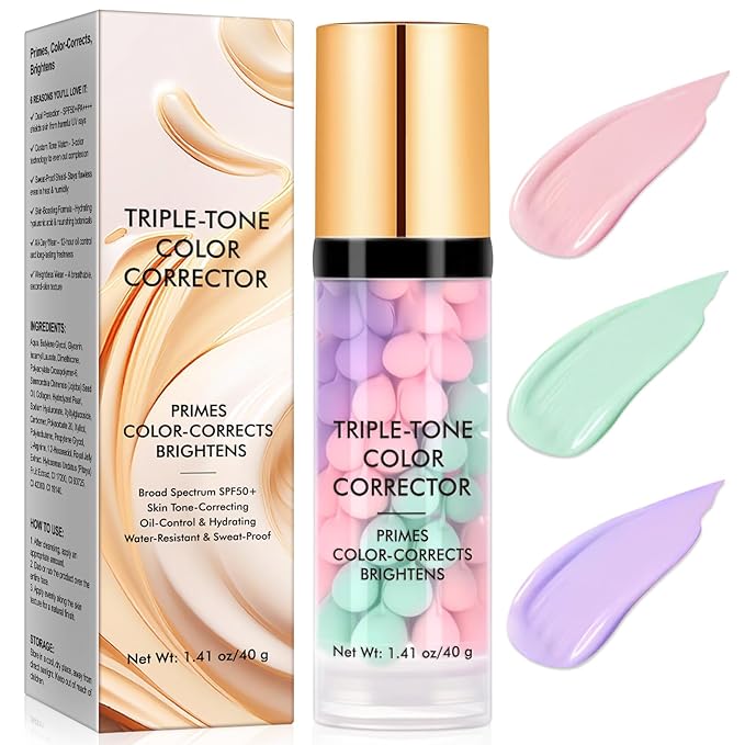 Primer for Face Before Makeup, 3 In 1 Face Primer Triple-Tone Color Corrector for Isolation, Smoothing Skin Gripping,Moisturizes-Sunscreen Cream SPF50+