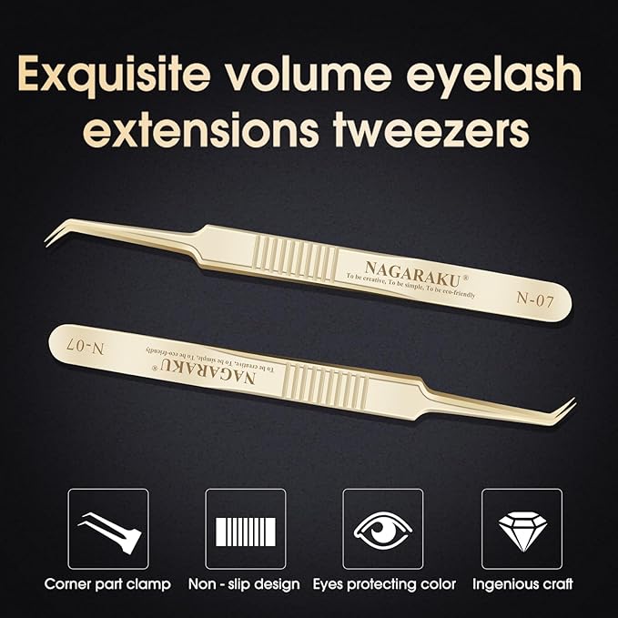 NAGARAKU Tweezers for Eyelash Extensions Gold Curved Angled Volume Cluster Super Light Weight Easy Fanning Tweezers Stainless Steel Precision (N-07)