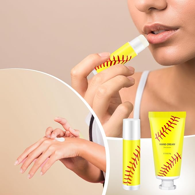 144 Pcs Softball Lip Balms Hand Cream Sets Softball Party Supplies Including 36 Lip Balm and Moisturizing Hand Cream 36 Organza Bags Cards and Ropes for Team Accessories Thank You Gifts