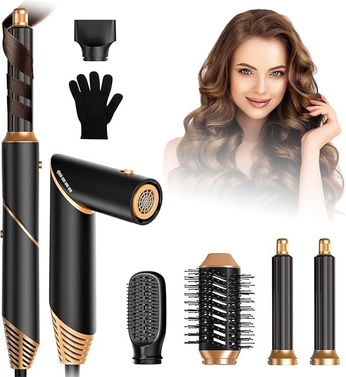 Hair Dryer Brush Set 6 in 1, Blow Dryer Brush Foldable, Negative Ionic Hair Dryer with Diffuser, Detachable Hair Styling Tools Hot Air Curler Hair Styler for Straightening, Curling, Drying,Volumizing