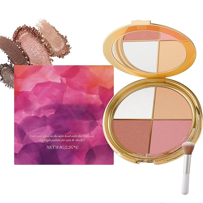 Eye & Cheek Palette - Eyeshadow and Highlighter Makeup (with Detachable Brush), Makeup Palettes Contour Kit, Shimmer Glow Face Highlighter Palette for Women Face, Natural Glow Contour Powder (2pcs)