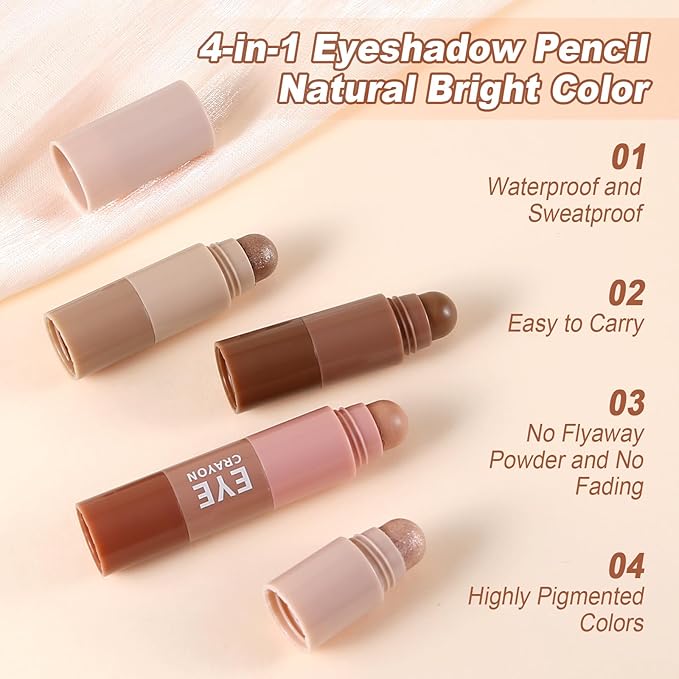 4 Color Eyeshadow Pencil, Creamy Matte Eye Shadow Pen, Face & Eye Highlighter Pen, Highly Pigmented Crayon Nude Eyeshadow
