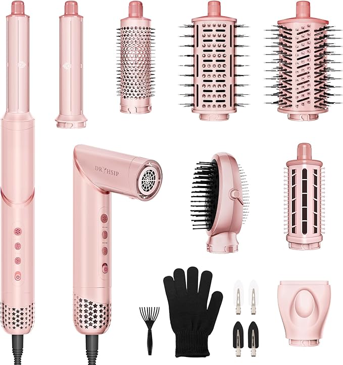 8 in 1 Hair Styler & Air Dryer Brush, 110,000 RPM High-Speed Negative Ionic Foldable Hair Dryer Fast Drying, Multi Professional Hot air Styler for Curling Volumizing Straightening Styling (Pink)