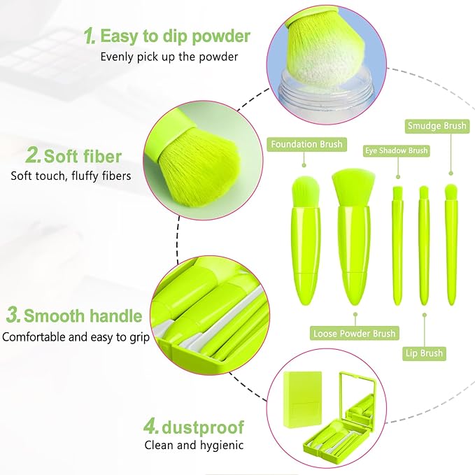 Travel Makeup Brush Set, Portable 5 PCS Mini Makeup Brushes with Mirror, Easy-taken Makeup Tool Set for Eyeshadow, Contour, Blush, Complete Function Cosmetic Profesional Tools (Green)
