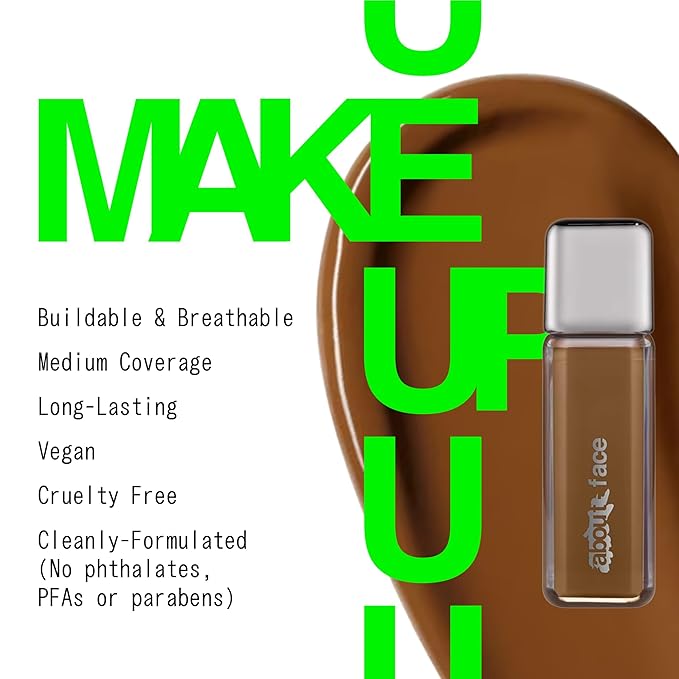 about-face THE PERFORMER Skin-Focused Foundation D2Olive – Medium Coverage, Long-Wear, Breathable & Buildable Base – Clean, Vegan, Hydrating Formula with Blue Agave & Chlorella – 1.08oz