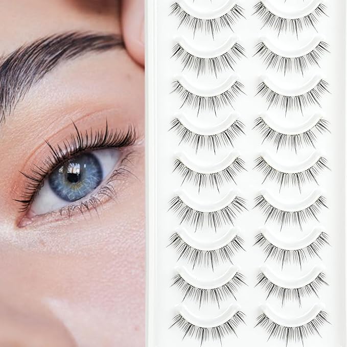 False Eyelashes Natural Look False Lashes Short 12mm 0.1mm Ultra Thin Handmade Tied Clear Band Fake Eyelash Strip Wispy Soft Lightweight Pestañas Postizas(M18）