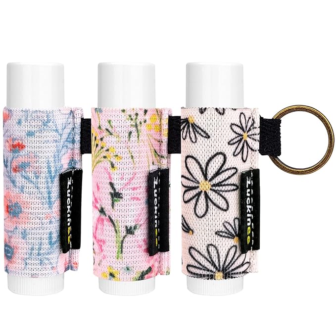 3PCS Lip Balm Holder Keychain Print Chapstick Holder Key chain Lipstick Holder Lip Gloss Sleeve -Tight Elastic Holder Sleeve for Fat and Slim Lip Balms