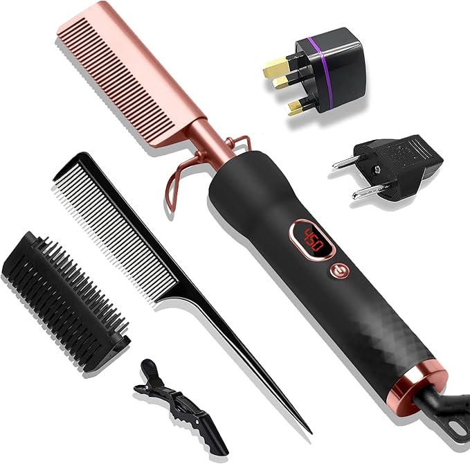Hot Comb,Travel Curling Iron Double Voltage 110-240V with European Plug Adapter,12 Temp Settings Straightening Comb for Black Hair,Pressing Combs for Straight/Curling