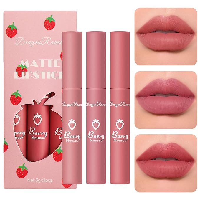3 Piece Matte Lipstick Set,Nude Liquid Lipstick Velvet Air Moisture Smooth Crayon Lip Stain,Matte Liquid 24 Hour Superstay Long Lasting Waterproof Lip Gloss for Women Makeup(Set C)