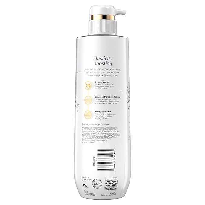 Olay Body Wash for Women, Elasticity Boosting, Collagen Peptide Serum Complex, Renews Moisture, Free of Parabens & Phthalates, Vitamin B3 Lameller Technology, For All Skin Types, 20 fl oz (Pack of 4)