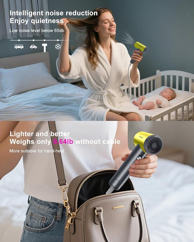 Hair Dryer, TAGBUIO 110,000 RPM High-Speed Hair Dryer for Fast Drying, Thermo-Control Negative Ionic Care, Compact Travel Blow Dryers Magnetic Nozzle, Low Noise Portable Blow Dryers for Home Yellow