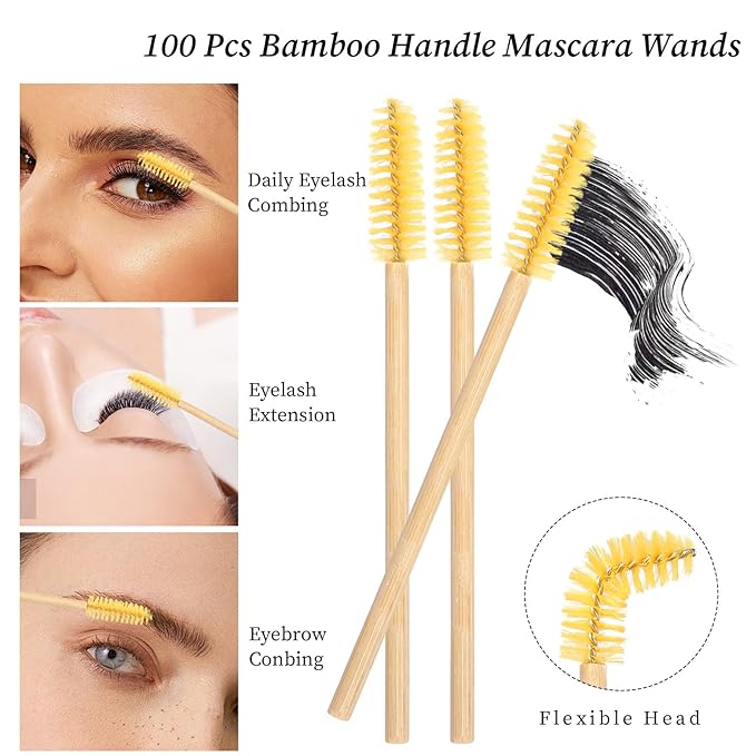 MyAoKuE-UP 100 Pack Bamboo Handle Mascara Wands Disposable Eyelash Brushes Eco-friendly Lash Extension Tool, Yellow