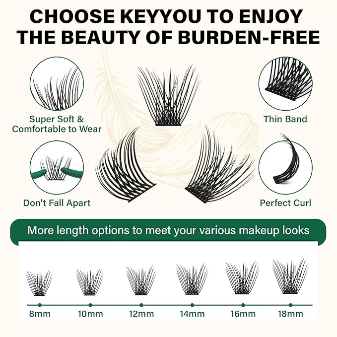 KEYYOU Lash Clusters 144pcs Individual D Curl 14mm Air Touch Cluster Lashes Super Lightweight Soft Wispy Comfortable Easy DIY at Home