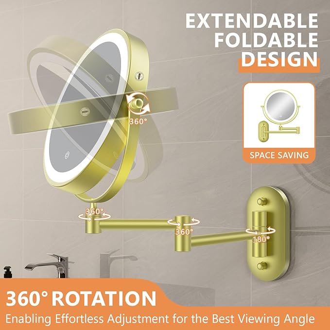 Auxmir 1X/20X Wall Mounted Makeup Mirror with Light, 8" Rechargeable Double-Sided Magnifying Mirror, Vanity Mirror Dimmable 3 Color Light, 360° Extension Rotation Foldable 14.5 Inch Arm for Bathroom