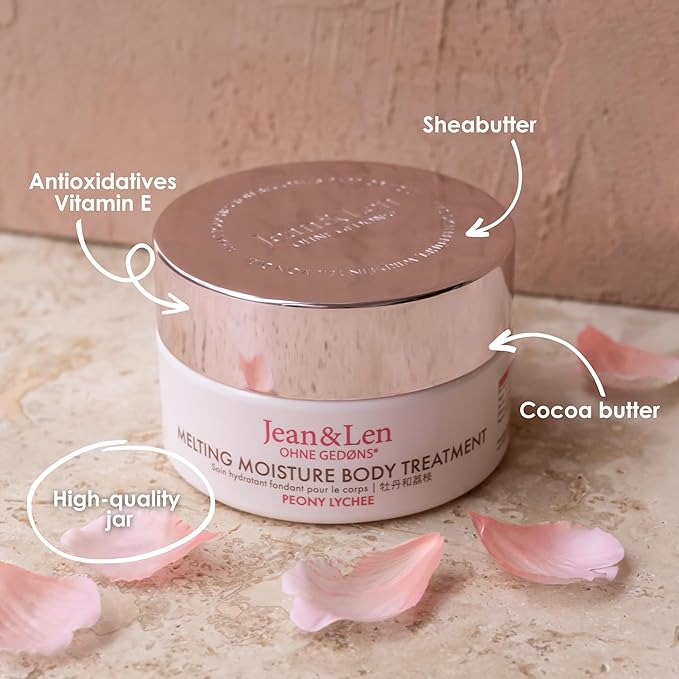Jean & Len Melting Moisture Body Treatment Peony & Lychee, for a fragrant care result, for normal skin, nourishing body butter, without parabens & silicones, vegan, 6.76 Fl. Oz.
