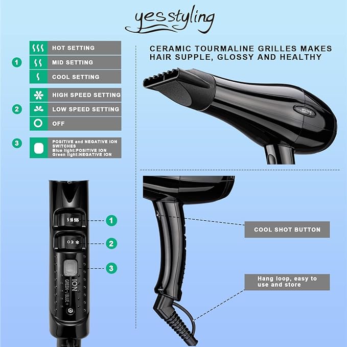 Professional Salon Hair Dryer, Blow Dryer Active Oxygen Negative ions Dryer with Attachments for Fast Drying for Family, Low Noise (Mirror Black, 2 Accessories)