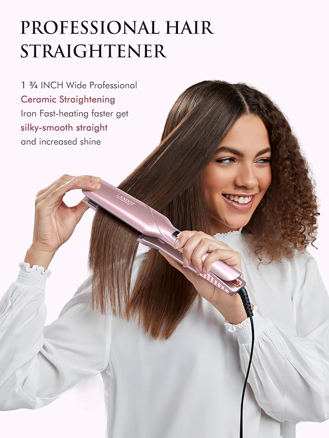 LANDOT Wide Flat Iron Hair Straightener - 1.75" Professional Ceramic Straightening Iron for Faster Styling, Extra Shine Hair, Dual Voltage Adjust Temp 250-450℉ All Hair Types, Ideal for Busy Morning