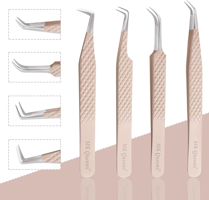 Fiber Tip Lash Tweezers For Eyelash Extension Tweezers Professional Eyelash Extension Tweezer - Set of 4 Pcs Diamond Grip Stainless Steel Fiber Tweezer (4, Peach)