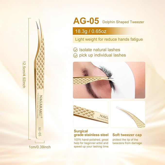 NAGARAKU Precision Fiber Tip Grip Tweezer for Eyelash Extensions Diamond Handle Anti-Static Anti-Slip Premium Gold Stainless Steel Eyelashes Curved Tweezers Supplies with Box(Dolphin Tweezer AG-05)
