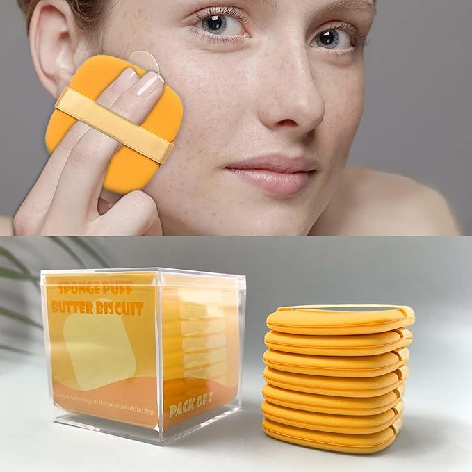 7-Piece Yellow Square Makeup Puff Set with Storage Box - Soft, Reusable & Portable for Liquid Foundation, Concealer & More