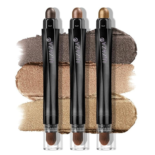Classic 3PCS Neutral Eyeshadow Stick Makeup Set, Metallic Shimmer Matte Cream Eye Shadow Eyeliner Brightener Pencil Crayon - Golden Glow