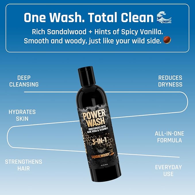 Derm Dude 3-in-1 Body Wash, Shampoo & Conditioner for Men | Daily Hydrating Shower Gel with Aloe Vera & Vitamin E | All Skin & Hair Types | SandalWoody Scent, 8oz