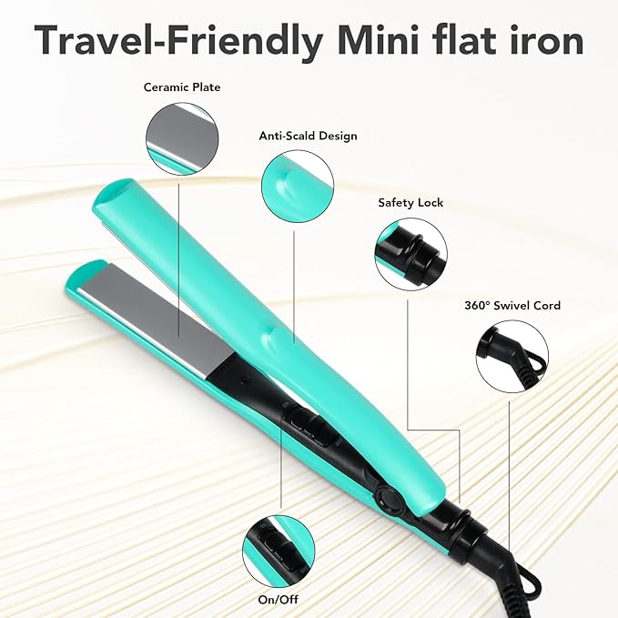 Mini 1 Inch Ceramic Flat Iron – Compact Hair Straightener for Short Hair & Bangs, Dual Voltage Travel-Friendly, Green