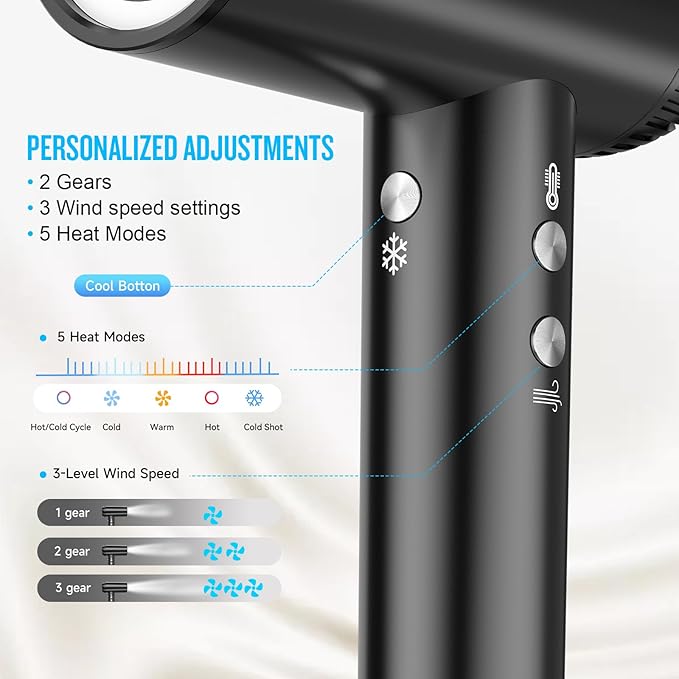 2025 Updated Hair Dryer, 200000 RPM High Speed Blow Dryer with Diffuser for Women, 1000 Million Ionic Hair Dryer with Brushless Motor, Low Noise Hair Blow Dryer for Curly Hair Dog Salon Travel, Black