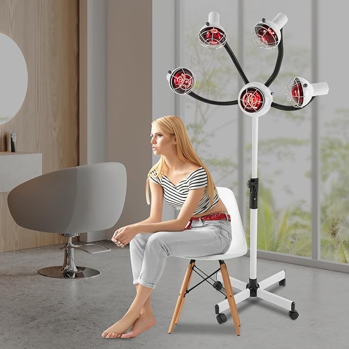 750W 5Heads Infrared Heat Lamp,Hairdressing Heater,Hair Dryer,Infrared Lamp 5 Head for Hair Salon Hairdressing Hair Color Processor & Dryer with Rolling Base,Height & Temperature Adjustable