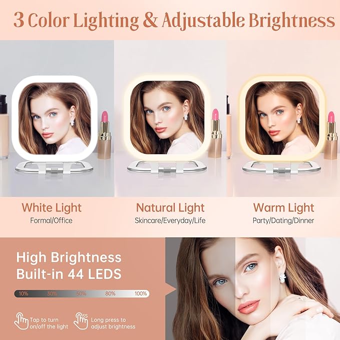 FASCINATE Compact Travel Makeup Mirror with Lights and Magnification, 3.5 inch Portable 1X/20X Magnifying Mirror with 3 Color Light, Folding, Handheld (White)