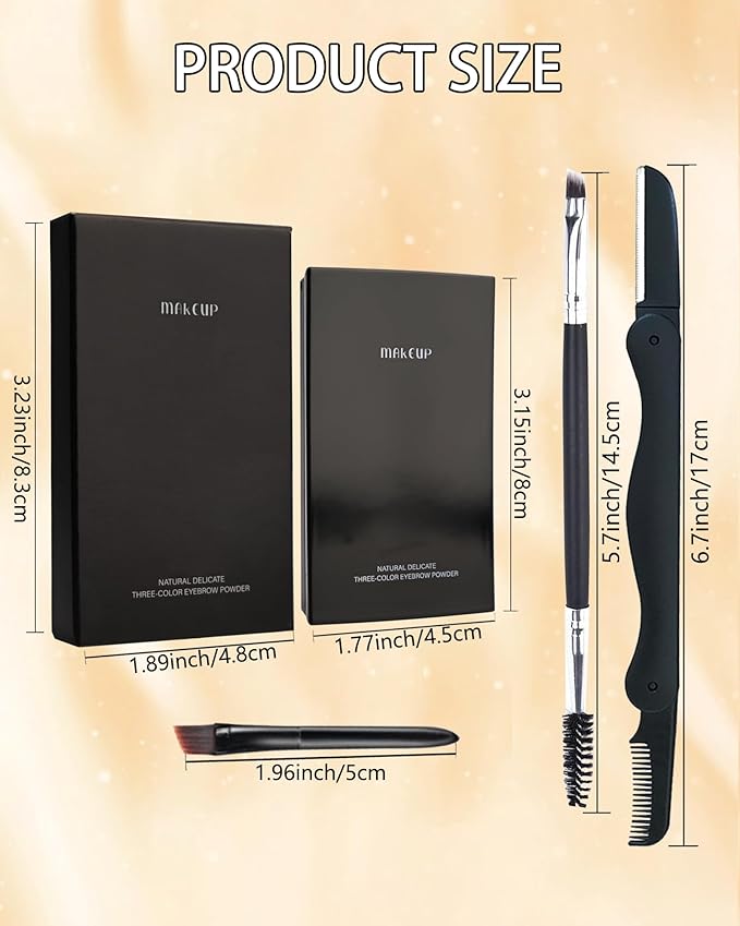 Eyebrow Powder Makeup Kit, 3 in 1 Eyebrow Kit, Brow Powder Palette Waterproof Long-Lasting, Grey Brown Beige Brow Filler, Fill & Sculpt Full Eyebrow Kit for Women, With Mirror, Brush & Razor Set 03
