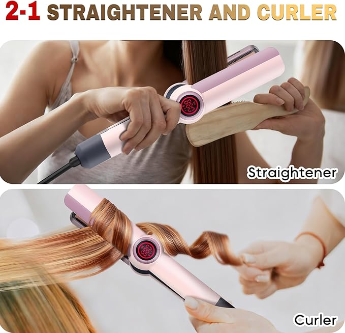 Flat Iron Hair Straightener and Curler 2 in 1-Curling Iron for Lasting Curls,360°Anti-Scald Ionic Curling Wand,Rapid 30-Second Heat-Up,Auto Shutdown & LED Display for All Hair Types (Pink)