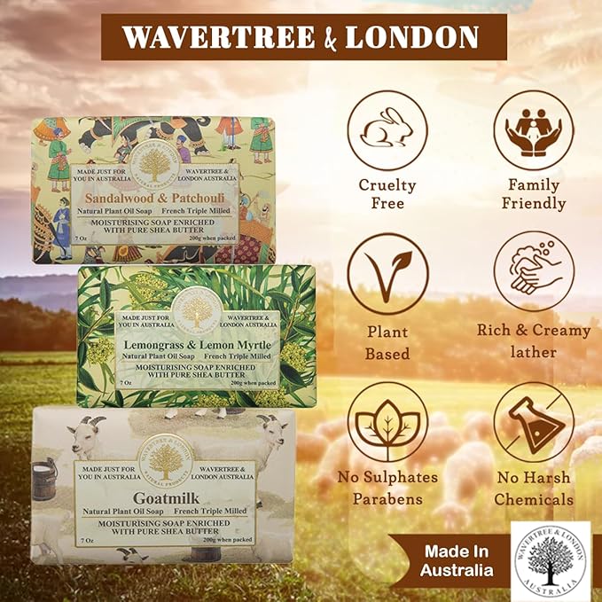Wavertree & London Trio Gift Box (3 Bars) - 7oz Lemon Myrtle, Goats Milk, Sandalwood Patchouli Scented Moisturizing Triple Milled Natural Soap Bars - Pure Plant Oil Soap Bars for All Skin Types