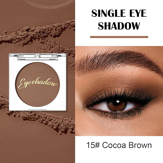 Single Matte Eyeshadow Palette, Velvet Eye Shadow Compact Powder Primer Base Makeup, Ultra-Blendable, Fine Smooth Powder, Long-Lasting, Waterproof, 15# Cocoa Brown
