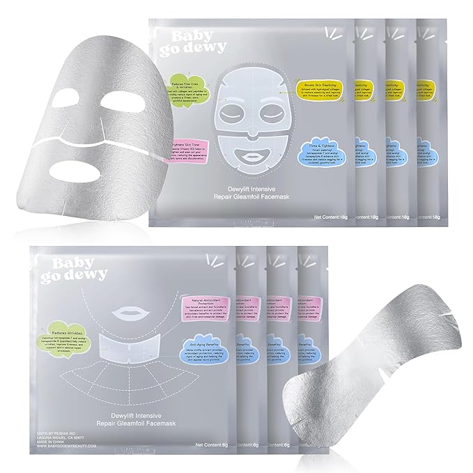 Bio-Collagen‑Peptide Face Mask Sheets – Gleam Foil Intensive Overnight Hydrate Face & Neck Masks for Moisturizing, Firming & Lifting Care – 8 Count(4 Face Masks + 4 Neck Masks)