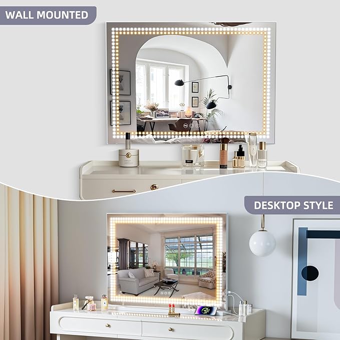 Misavanity Vanity Mirror with Lights Dots 32x23 Inchs Makeup Mirror with LED Lights Tempered Glass Touch Screen Control Dimmable 3 Colors Modes USB Charging Port 10X Magnification, White