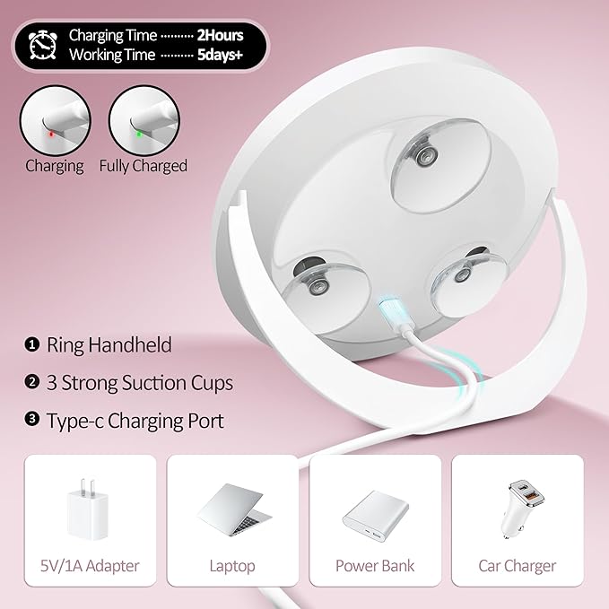 30X Magnifying Mirror Suction Cup, 6" Makeup Mirror with Lights, Rechargeable Travel Mirror with 3 Color Dimmable Lights for Precision Makeup, Fits Bathroom/Wall Suction/Hanging, White