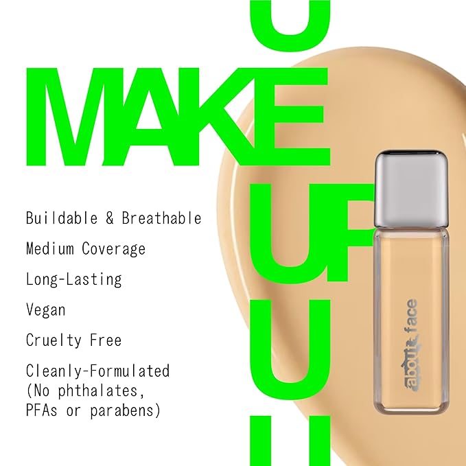 about-face THE PERFORMER Skin-Focused Foundation LM1Warm– Medium Coverage, Long-Wear, Breathable & Buildable Base – Clean, Vegan, Hydrating Formula with Blue Agave & Chlorella – 1.08oz