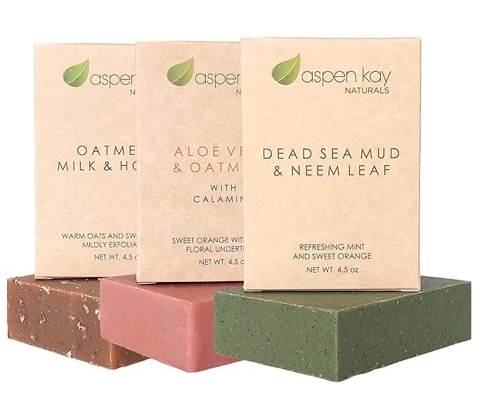 Soap Set - Made with Natural and Organic Ingredients. Gentle Soap. 1 Oatmeal Milk & Honey Soap - 1 Calamine Soap - 1 Dead Sea Mud & Neem Leaf Soap - 4.5oz Bar