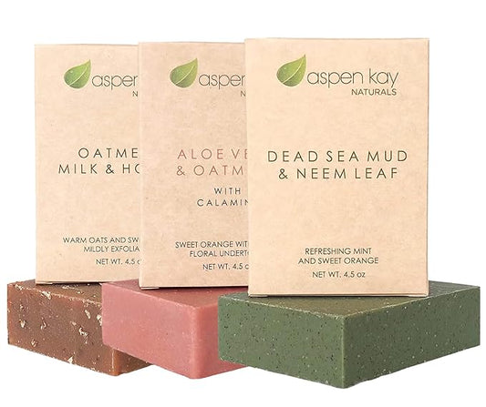 Soap Set - Made with Natural and Organic Ingredients. Gentle Soap. 1 Oatmeal Milk & Honey Soap - 1 Calamine Soap - 1 Dead Sea Mud & Neem Leaf Soap - 4.5oz Bar