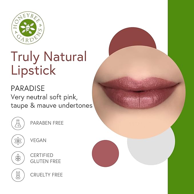 Honeybee Gardens Truly Natural Long Lasting Lipstick, Paradise, Light Pink with Peach Undertones, Naturally Hydrating & Nourishing, Vegan, Gluten-Free & Cruelty-Free, 0.11 oz / 3 g