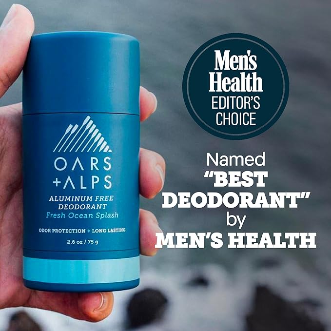 Oars + Alps Deodorant for Men & Women, Aluminum Free Deodorant for Men, Dermatologist Tested, Clean Ingredients, Non Toxic, Vegan, Long Lasting, Odor Protection, Fresh Ocean Splash, 2pk, 2.6oz