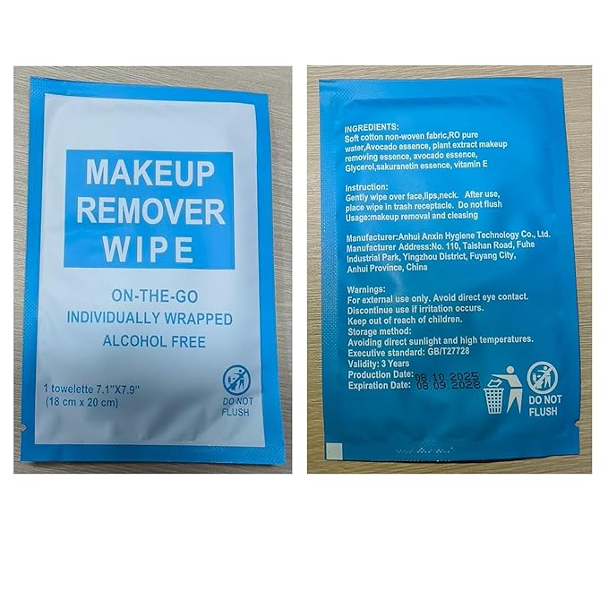 Makeup Remover Wipes Individually Wrapped Pack of 30,Avocado Scent 7x7.9 inch Blue Travel Size Facial Cleansing Wipes Towelette for Face Cleansing,Skin Care,Hotel,Camping,Gym,Office