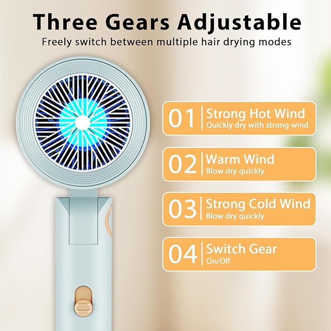 Portable Hair Blow Dryer with Nozzle, Strong Power and Double Blue Light, Making Hair Dry Fast and Comfortable Unconsciously, Suitable for Home, Travel, Salon (Blue)