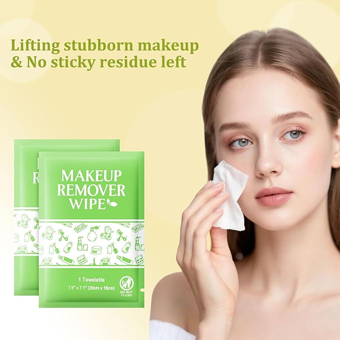 Makeup Remover Wipes Individually Wrapped, 50 Pcs Gentle Facial Cleansing Towelettes Alcohol Free, Perfect Travel Essential and Bachelorette, Wedding, Party Favor