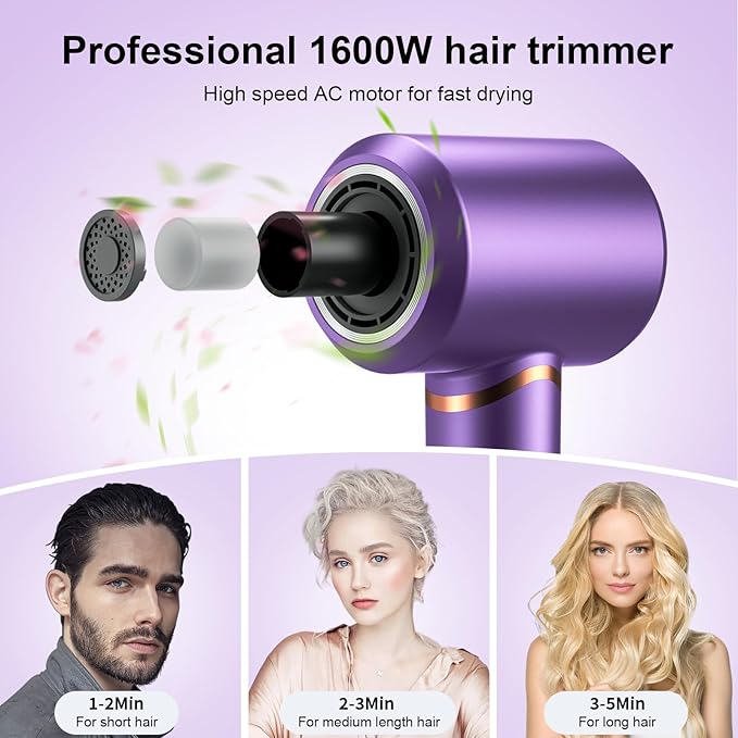 Hair Dryer Negative Ionic Blow Dryer for Fast Drying,Low Noise,Thermo Control Hair Dryer 2 Speed and 3 Heat Settings,Cold Air Button with 1 Diffuser 110000 RPM High Speed Brushless Motor (Purple)